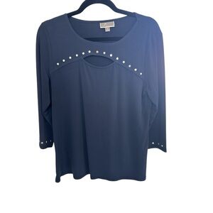 J M Collection Elegant Navy Blue Women's Top with Stud Accents, size Medium